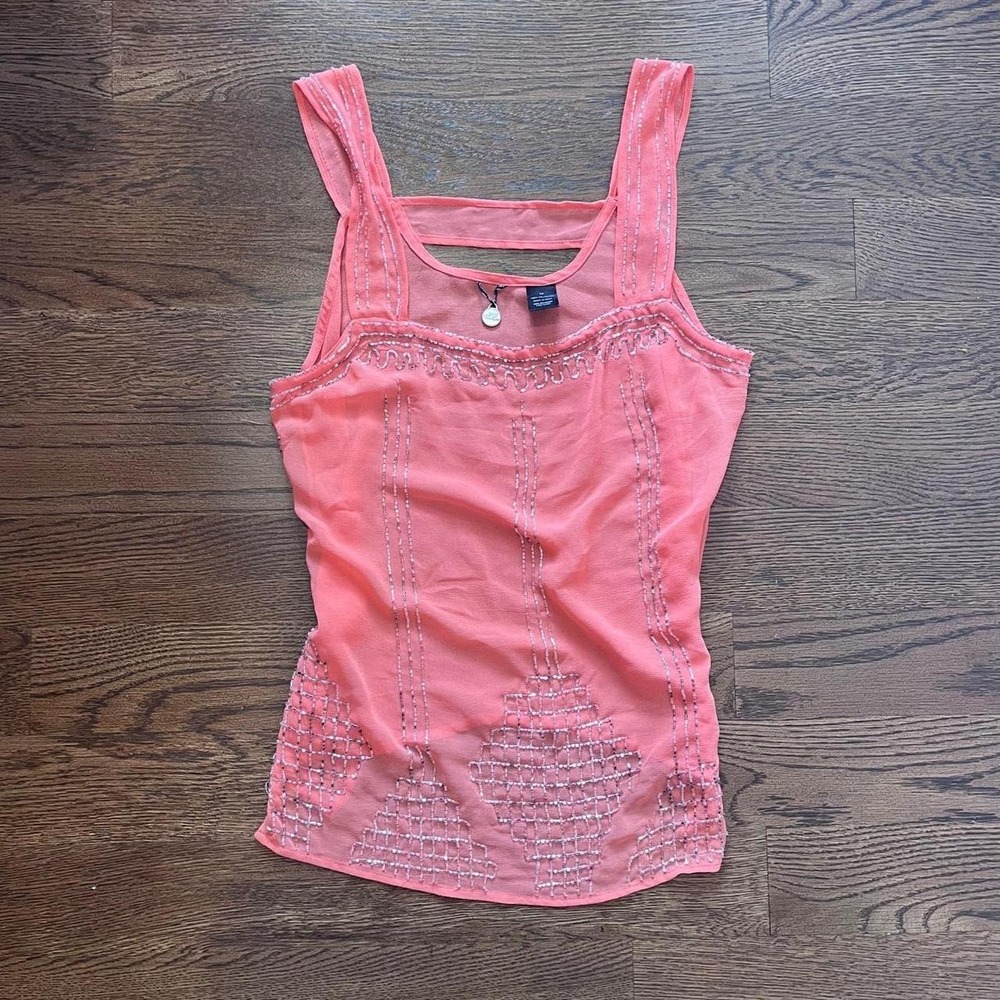 y2k vintage women's orange coral beaded flowy slightly‎ sheer tank medium